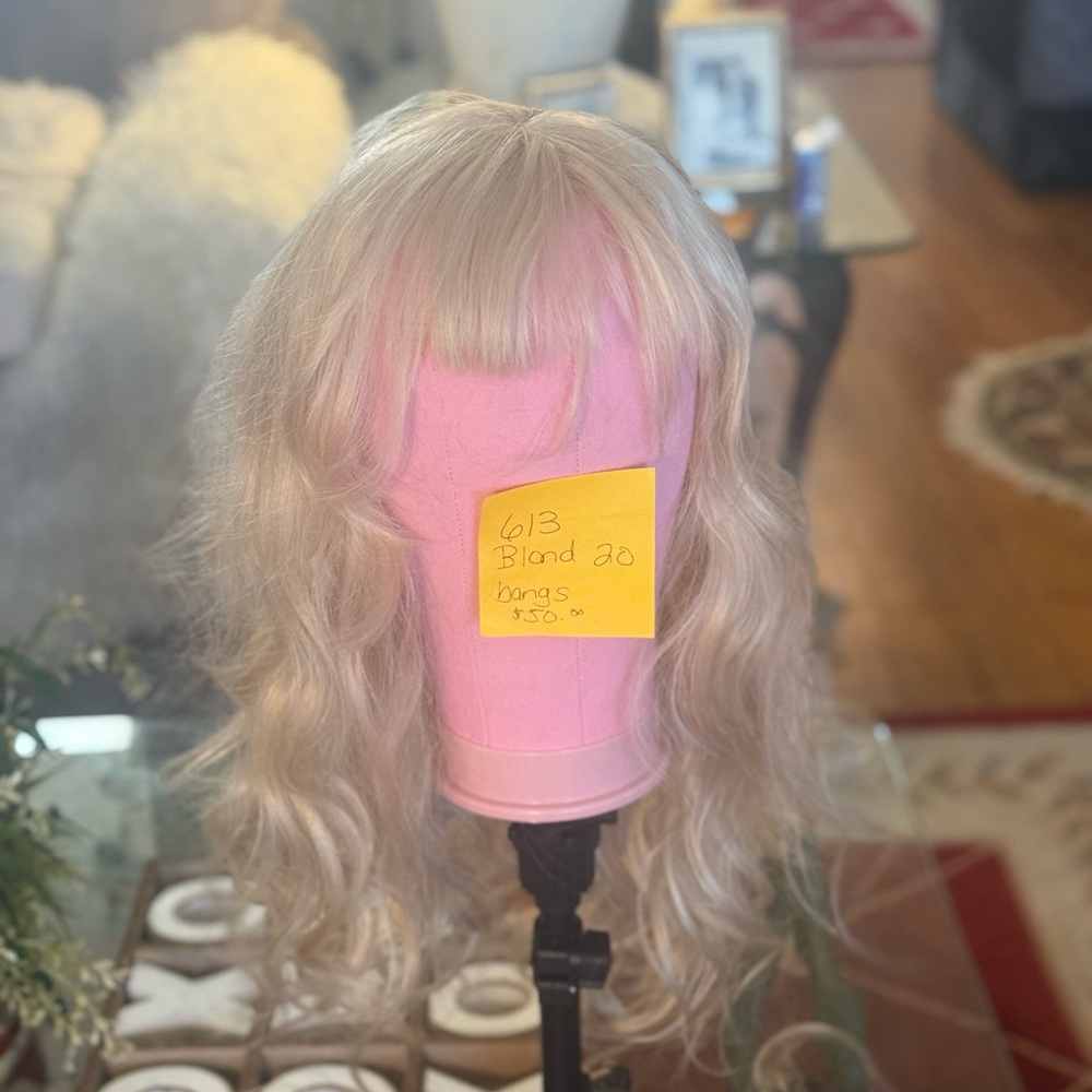 613 Blonde Wavy Wig with Soft Bangs - Women's Synthetic Hair